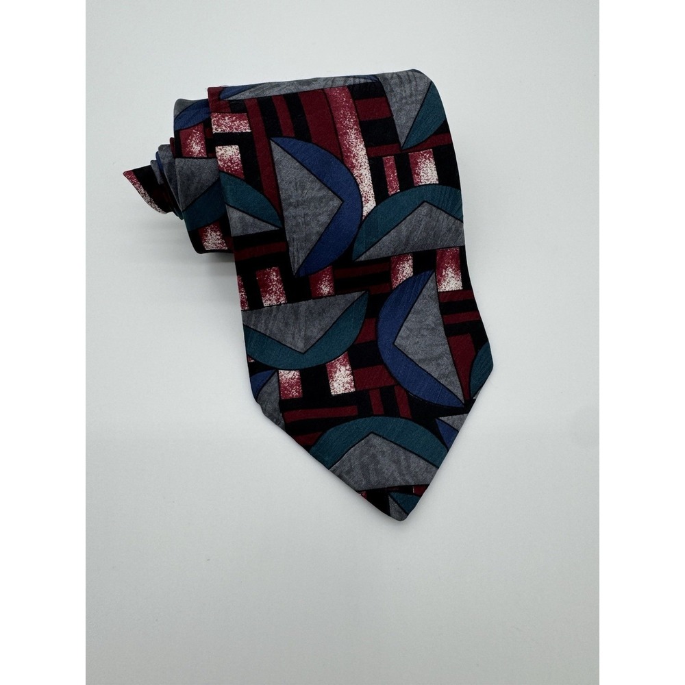 Halston Silk‎ Tie Geometric Abstract Red Blue Gray Black Retro Designer Neck Tie